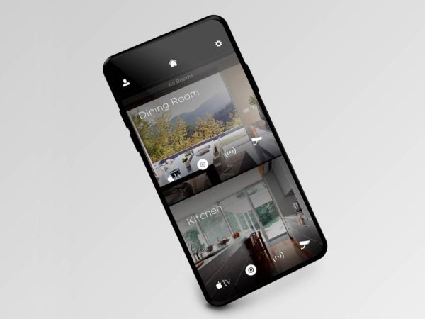 Savant Pro app interface showing control options for different rooms, displayed on a smartphone.