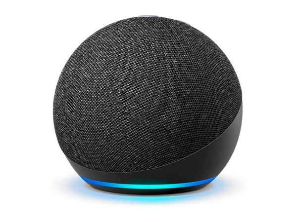 Amazon Echo Dot with glowing blue ring integrated with the Savant system for voice control.