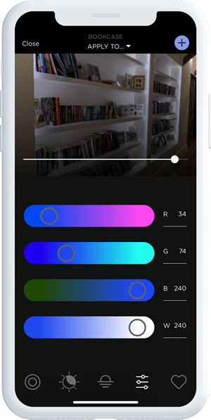 Savant brand mobile interface for controlling bookcase lighting with RGB color settings.